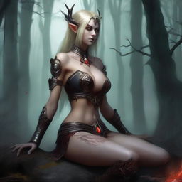 A high-quality digital art image depicts a blood elf woman from the World of Warcraft universe