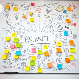 A full brainstorming layout on a whiteboard, covered with colorful sticky notes, sketches, and doodles representing a vibrant explosion of ideas