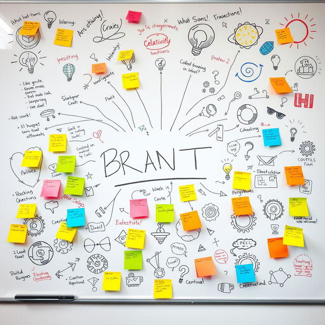 A full brainstorming layout on a whiteboard, covered with colorful sticky notes, sketches, and doodles representing a vibrant explosion of ideas