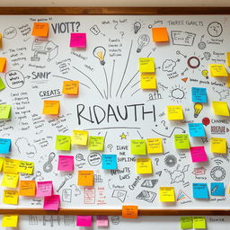 A full brainstorming layout on a whiteboard, covered with colorful sticky notes, sketches, and doodles representing a vibrant explosion of ideas