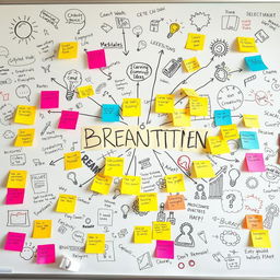 A full brainstorming layout on a whiteboard, covered with colorful sticky notes, sketches, and doodles representing a vibrant explosion of ideas