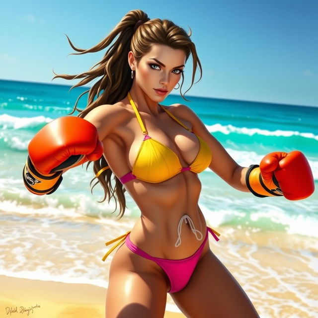 A stunning depiction of Jade from Mortal Kombat, wearing a vibrant beach bikini, engaged in a playful boxing match