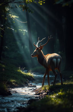 A serene and contemplative natural scene depicting a majestic stag, glistening with dew, gracefully moving through a lush forest in search of a tranquil stream