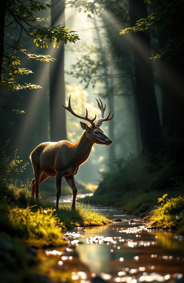 A serene and contemplative natural scene depicting a majestic stag, glistening with dew, gracefully moving through a lush forest in search of a tranquil stream