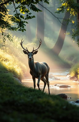 A serene and contemplative natural scene depicting a majestic stag, glistening with dew, gracefully moving through a lush forest in search of a tranquil stream