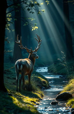 A serene and contemplative natural scene depicting a majestic stag, glistening with dew, gracefully moving through a lush forest in search of a tranquil stream