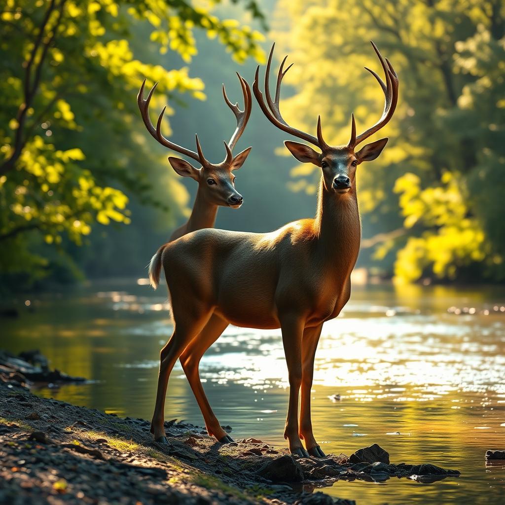 A majestic deer, full of vitality and grace, standing elegantly at the edge of a tranquil river, its shiny fur glistening under the soft golden sunlight, symbolizing a deep spiritual quest and longing