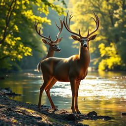 A majestic deer, full of vitality and grace, standing elegantly at the edge of a tranquil river, its shiny fur glistening under the soft golden sunlight, symbolizing a deep spiritual quest and longing