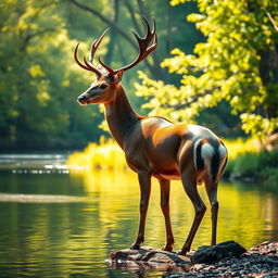 A majestic deer, full of vitality and grace, standing elegantly at the edge of a tranquil river, its shiny fur glistening under the soft golden sunlight, symbolizing a deep spiritual quest and longing