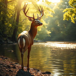 A majestic deer, full of vitality and grace, standing elegantly at the edge of a tranquil river, its shiny fur glistening under the soft golden sunlight, symbolizing a deep spiritual quest and longing