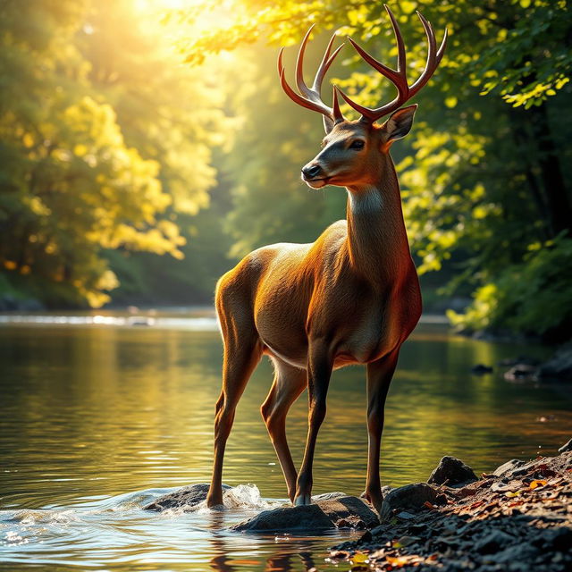 A majestic deer, full of vitality and grace, standing elegantly at the edge of a tranquil river, its shiny fur glistening under the soft golden sunlight, symbolizing a deep spiritual quest and longing