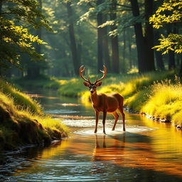 A peaceful and vivid natural landscape featuring a majestic stag wandering through a verdant forest, embodying the deep yearning for connection with the divine
