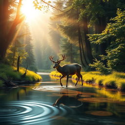 A peaceful and vivid natural landscape featuring a majestic stag wandering through a verdant forest, embodying the deep yearning for connection with the divine