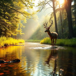 A peaceful and vivid natural landscape featuring a majestic stag wandering through a verdant forest, embodying the deep yearning for connection with the divine