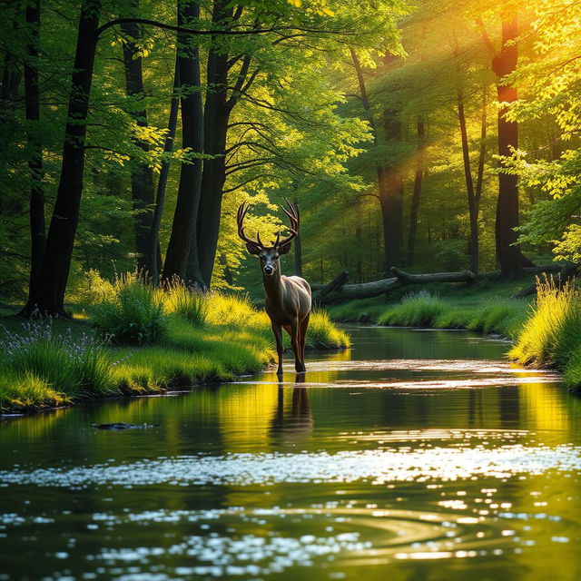 A peaceful and vivid natural landscape featuring a majestic stag wandering through a verdant forest, embodying the deep yearning for connection with the divine