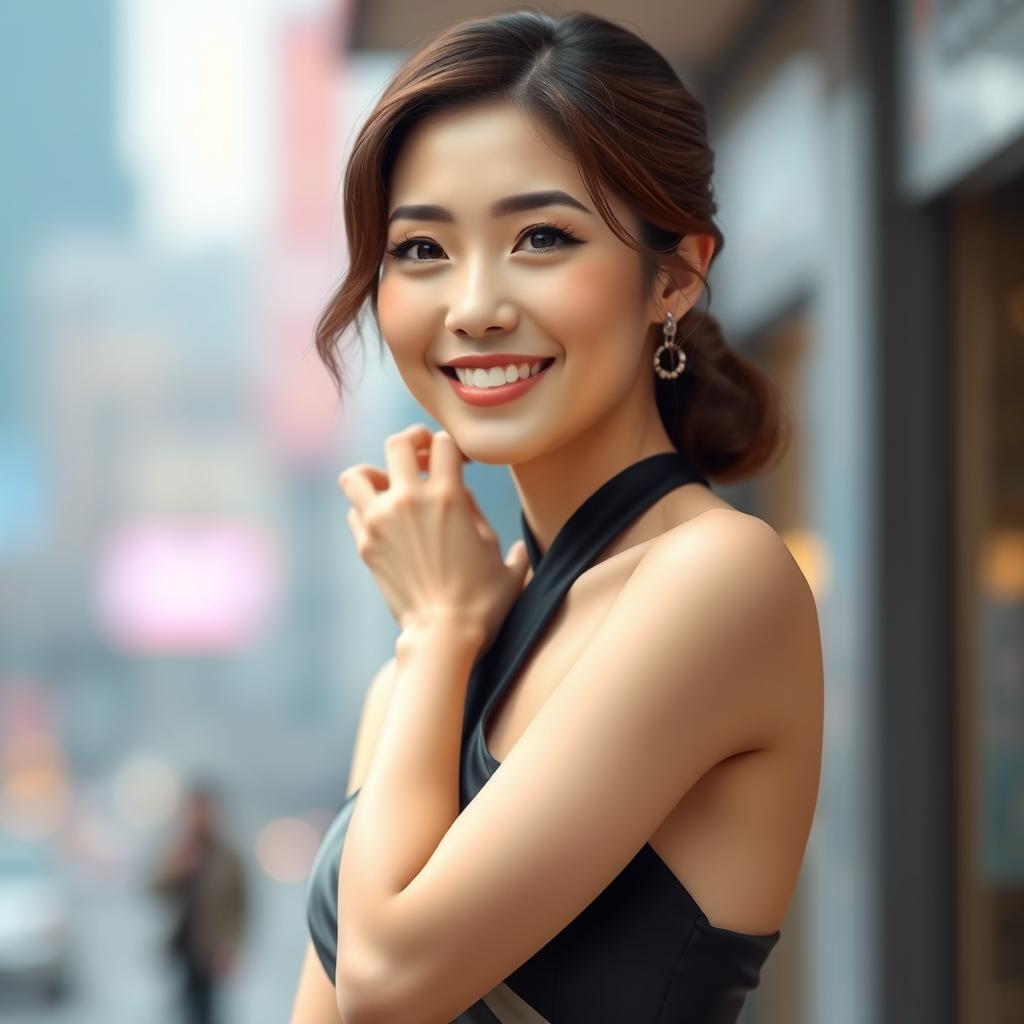 A stunning realism portrait of a beautiful Korean actress wearing a stylish sling dress, elegantly designed, showcasing her confidence and charm