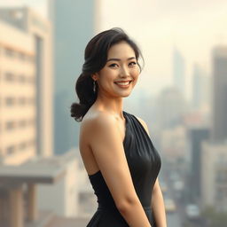 A stunning realism portrait of a beautiful Korean actress wearing a stylish sling dress, elegantly designed, showcasing her confidence and charm
