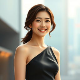 A stunning realism portrait of a beautiful Korean actress wearing a stylish sling dress, elegantly designed, showcasing her confidence and charm