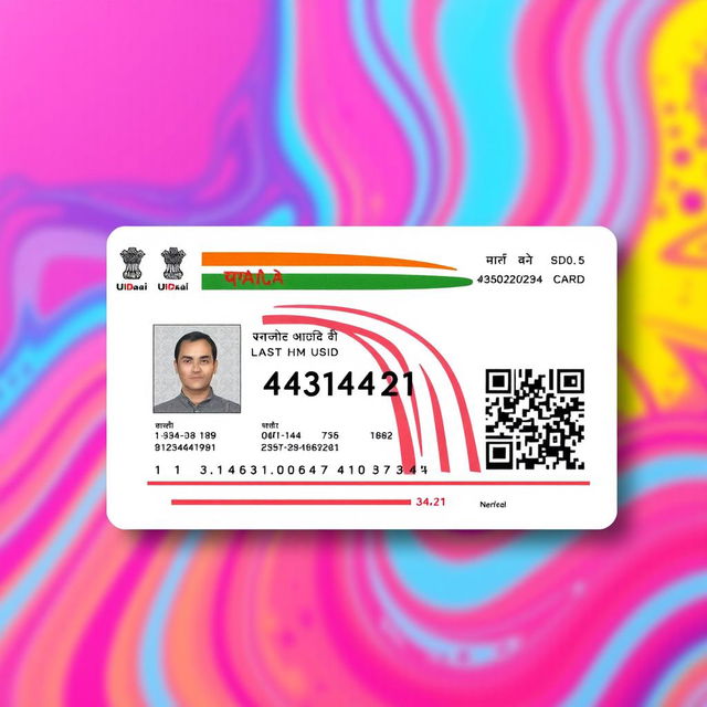 A stylized image of an Aadhaar card on a vibrant background, the focus on the card's design elements, with the last four digits changed to 4321, maintaining the authenticity of the card's layout and color scheme