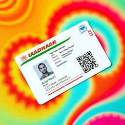 A stylized image of an Aadhaar card on a vibrant background, the focus on the card's design elements, with the last four digits changed to 4321, maintaining the authenticity of the card's layout and color scheme