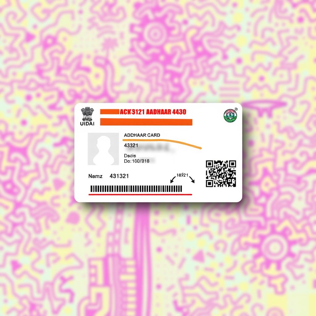 A stylized image of an Aadhaar card on a vibrant background, the focus on the card's design elements, with the last four digits changed to 4321, maintaining the authenticity of the card's layout and color scheme