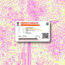 A stylized image of an Aadhaar card on a vibrant background, the focus on the card's design elements, with the last four digits changed to 4321, maintaining the authenticity of the card's layout and color scheme