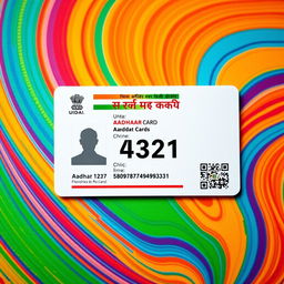 A stylized image of an Aadhaar card on a vibrant background, the focus on the card's design elements, with the last four digits changed to 4321, maintaining the authenticity of the card's layout and color scheme