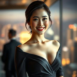 A stunning realistic portrait of a beautiful Korean actress, wearing an elegant and form-fitting dress that showcases her cleavage