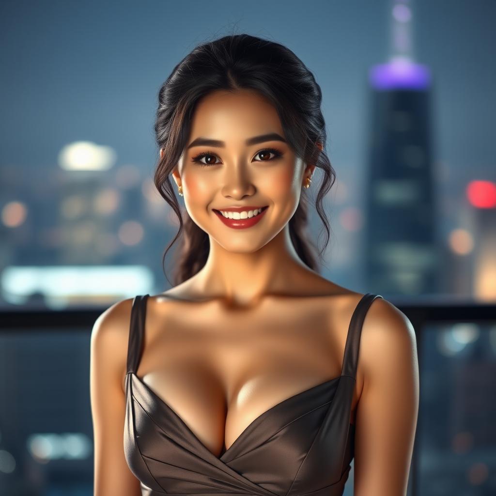A stunning realistic portrait of a beautiful Korean actress, wearing an elegant and form-fitting dress that showcases her cleavage