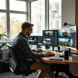 A highly skilled photo editor sitting at a modern, clutter-free workspace, surrounded by multiple monitors displaying beautifully edited photographs