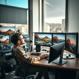 A highly skilled photo editor sitting at a modern, clutter-free workspace, surrounded by multiple monitors displaying beautifully edited photographs