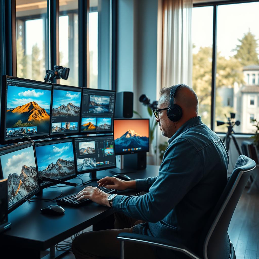 A highly skilled photo editor sitting at a modern, clutter-free workspace, surrounded by multiple monitors displaying beautifully edited photographs