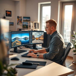 A highly skilled photo editor sitting at a modern, clutter-free workspace, surrounded by multiple monitors displaying beautifully edited photographs