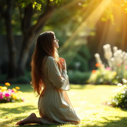 A serene and inspiring image of a woman in a peaceful outdoor setting, kneeling in prayer