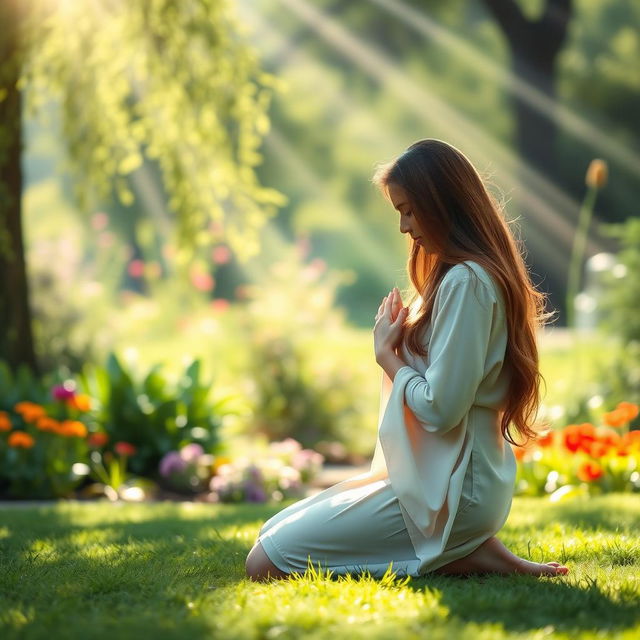 A serene and inspiring image of a woman in a peaceful outdoor setting, kneeling in prayer