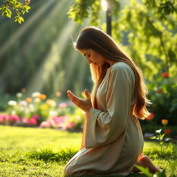 A serene and inspiring image of a woman in a peaceful outdoor setting, kneeling in prayer