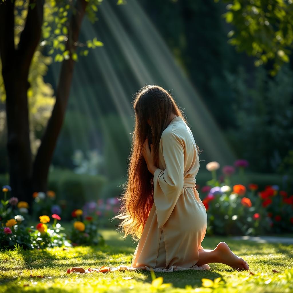 A serene and inspiring image of a woman in a peaceful outdoor setting, kneeling in prayer