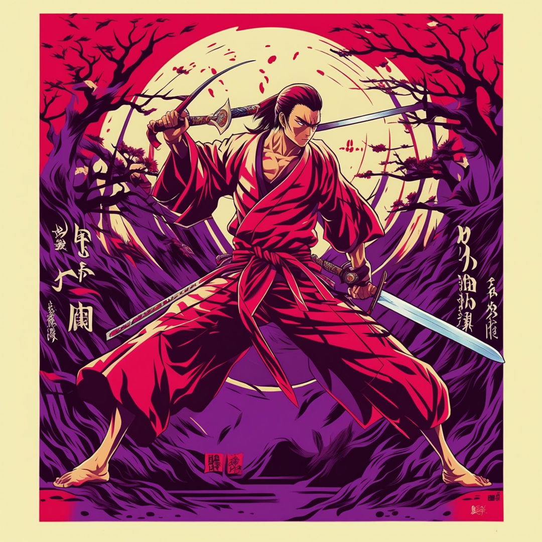 A high-quality digital art poster of Kenshin Himura from the anime series Rurouni Kenshin