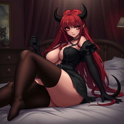 A seductive gothic anime demon girl with long red hair and voluptuous figure, wearing a stylish black dress embellished with belts and chains