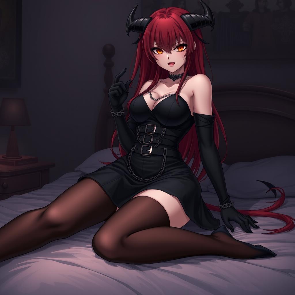 A seductive gothic anime demon girl with long red hair and voluptuous figure, wearing a stylish black dress embellished with belts and chains