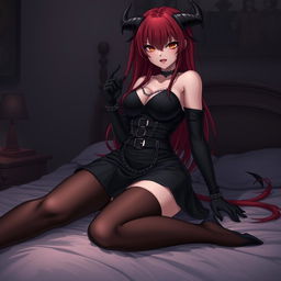 A seductive gothic anime demon girl with long red hair and voluptuous figure, wearing a stylish black dress embellished with belts and chains