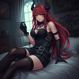A stunning gothic anime demon girl with long flowing red hair and an alluring curvy figure, wearing a form-fitting black dress adorned with fashionable belts and chains