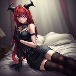 A stunning gothic anime demon girl with long flowing red hair and an alluring curvy figure, wearing a form-fitting black dress adorned with fashionable belts and chains