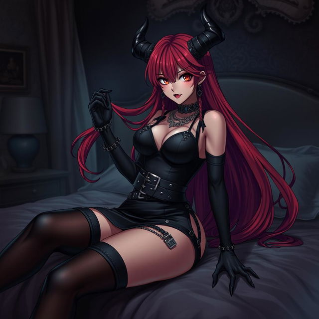 A stunning gothic anime demon girl with long flowing red hair and an alluring curvy figure, wearing a form-fitting black dress adorned with fashionable belts and chains