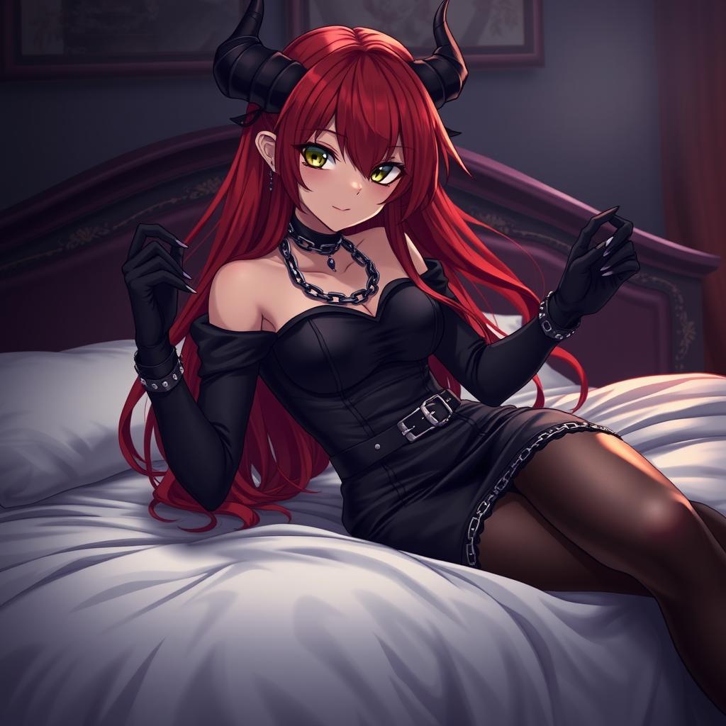 A stunning gothic anime demon girl with long flowing red hair and an alluring curvy figure, wearing a form-fitting black dress adorned with fashionable belts and chains