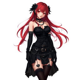 A captivating gothic anime girl with long, flowing red hair and a voluptuous figure, dressed in an intricate black dress adorned with numerous belts and chains that showcase her bold style