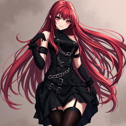 A captivating gothic anime girl with long, flowing red hair and a voluptuous figure, dressed in an intricate black dress adorned with numerous belts and chains that showcase her bold style
