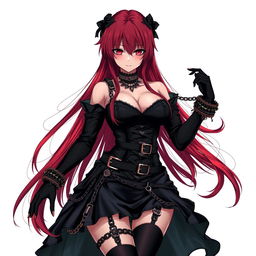 A captivating gothic anime girl with long, flowing red hair and a voluptuous figure, dressed in an intricate black dress adorned with numerous belts and chains that showcase her bold style