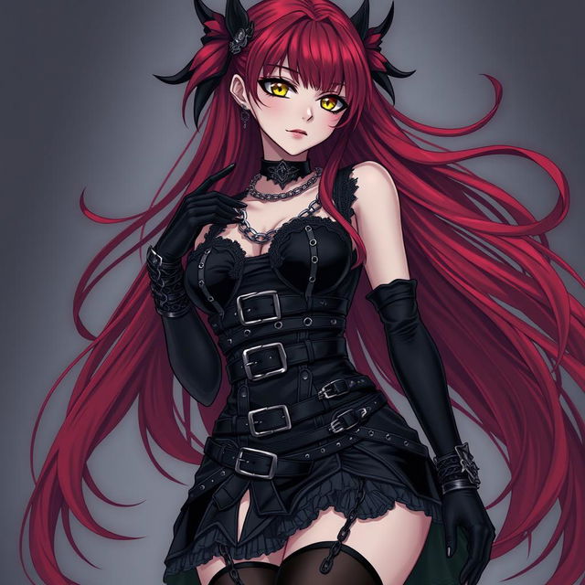 A captivating gothic anime girl with long, flowing red hair and a voluptuous figure, dressed in an intricate black dress adorned with numerous belts and chains that showcase her bold style