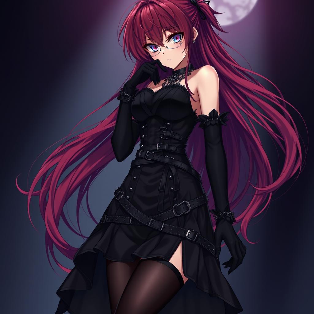 An alluring gothic anime girl characterized by her long, flowing red hair and curvaceous figure, clad in an intricately designed black dress that features multiple belts and chains, showcasing her bold style